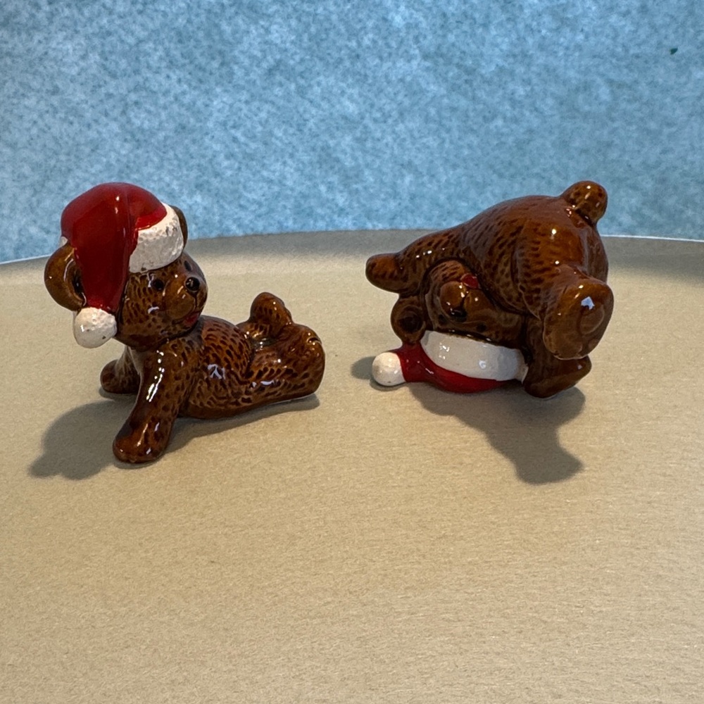 Vintage 1982 “Lucy and Me” set of 2 Ceramic Bear Figurines with Santa Hats